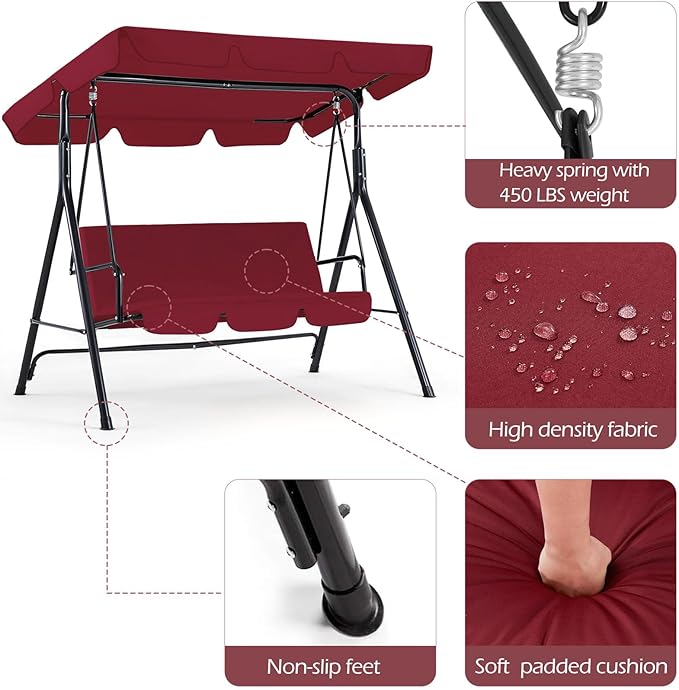 AECOJOY Porch Swing with Stand, 3-Seat Outdoor Clearance Porch Swings for Adults, Outdoor Patio Swing with Adjustable Canopy & Removable Cushion for Backyard, Garden, Yard, Poolside, Balcony (Red)