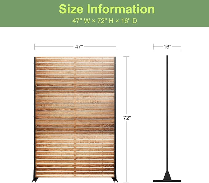 Casaphoria Metal Privacy Screen Outdoor, 72" H x 47" W Freestanding Decorative Privacy Screen for Patio Deck Balcony Garden with Stable Base,Wood Color