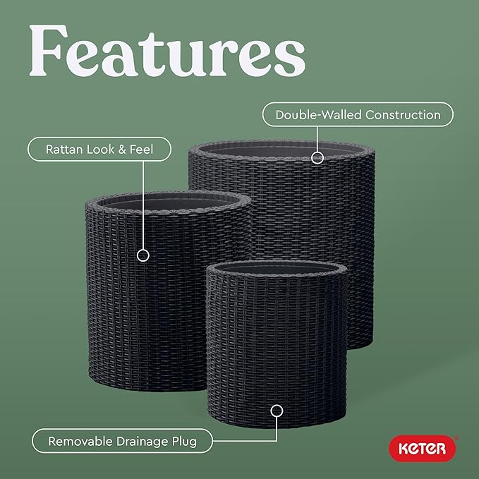 Keter Cylinder Set of 3 Rattan Resin Planter for Indoor and Outdoor Plants Ideal Decorative Planter for Porches and Patio Decor, Black