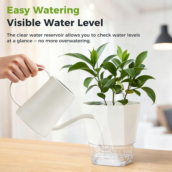 5 Pack Self Watering Pots for Indoor Plants, 5/6.7/8.4 Inches Self Watering Planters African Violet Self Watering Clear Pots for Plants Herb Orchid Flower Houseplant Pots, White