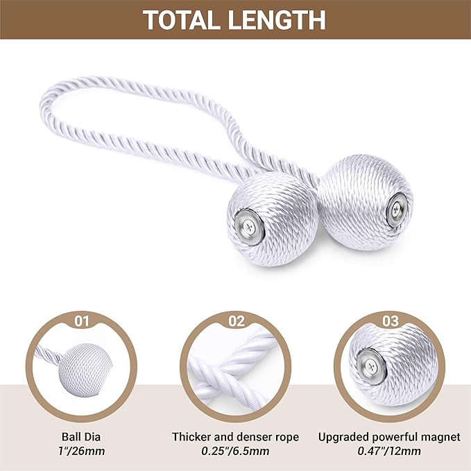 Hion Magnetic Curtain Tiebacks White 2pcs, Curtain Tiebacks Buckles Holdbacks Holders Hooks Clip for Home Bedroom Office Decorative Curtain