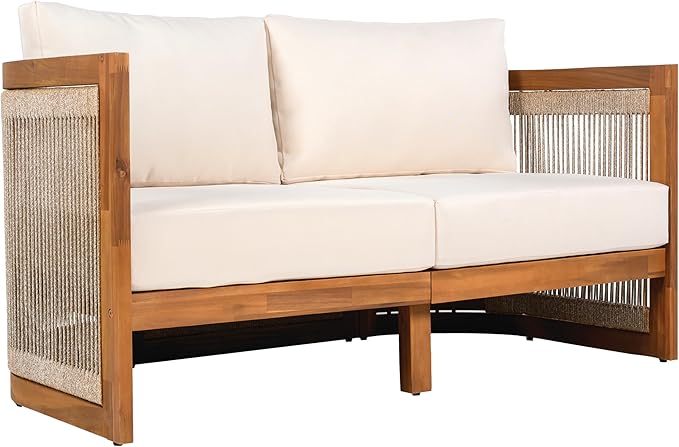 Merax 4-Piece Patio Premium Acacia Wood Outdoor Furniture Set,All Weather Curved Tub Design with Woven Rope Accents Loveseat Chairs and Table for Backyard, Balcony and Deck,Teak+ Beige