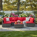 Tangkula 7 Pieces Wicker Patio Furniture Set, All-Weather Outdoor Rattan Sectional Sofa Set with Cushions & Tempered Glass Coffee Table, Outside Sofa Set for Garden, Lawn, Deck, Backyard (Red)