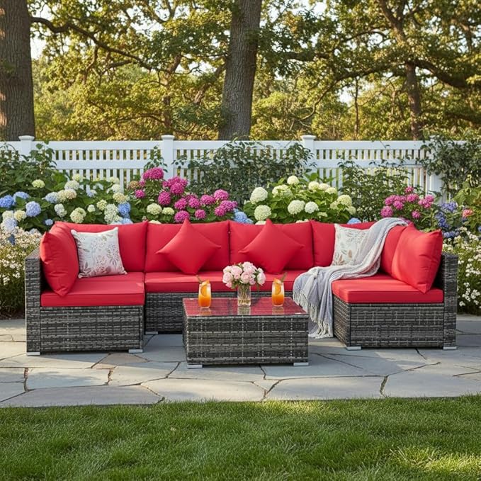 Tangkula 7 Pieces Wicker Patio Furniture Set, All-Weather Outdoor Rattan Sectional Sofa Set with Cushions & Tempered Glass Coffee Table, Outside Sofa Set for Garden, Lawn, Deck, Backyard (Red)