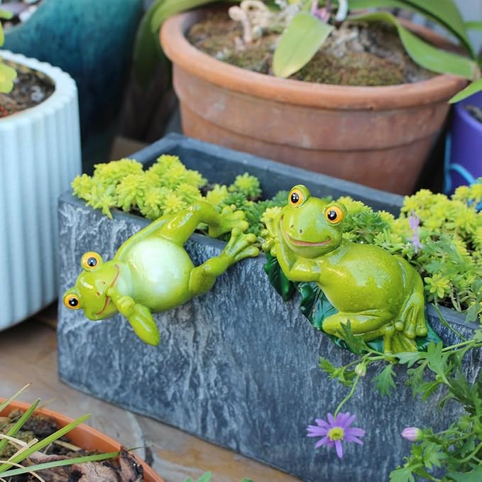 Set of 2 Funny Frog Statues Outdoor Flower Pot Hugger, Resin Hanging Frog Figurines Cute Climbing Animals Sculpture Plant Pot Decorations for Home Garden Patio Lawn Yard Ornaments (Keep Quiet)