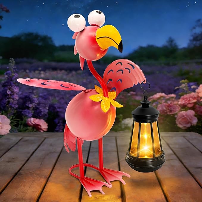 Solar Flamingo Statue with Lights,13in Tall Solar Flamingo Garden Sculptures, Birthday Gift for Woman Grandma Big Metal Decorative for Outdoor Patio Porch Ornaments Lawn Yard Balcony