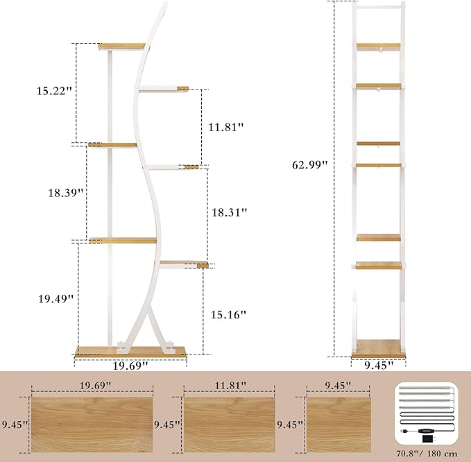 62" Plant Stand Indoor with Grow Lights - 7 Tiered Tall Metal Plant Shelf - Corner Wooden Plant Stand for Indoor Plants Multiple, Large S-Shape Flower Rack Holder for Living Room, Garden, Patio Decor