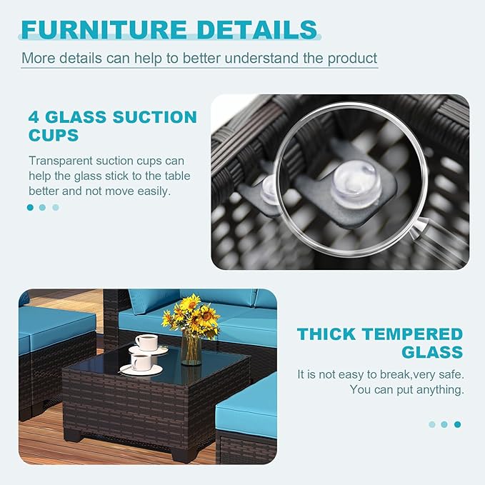 Outdoor Wicker Patio Furniture Set, Rattan Sectional Sofa Set with Thick Cushions (Brown/Peacock Blue, 7 Piece Sofa Set)