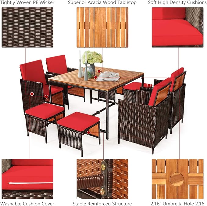 Tangkula 9 Pieces Acacia Wood Patio Dining Set, Space Saving Wicker Chairs and Wood Table with Umbrella Hole Outdoor Furniture Set, Suitable for Garden, Yard, Poolside, Outdoor Seating Set