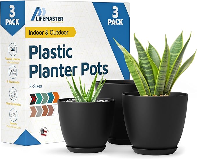 Black Plant Pots with Drainage Holes & Saucers 3 Pack, Indoor & Outdoor Stackable Space-Saving Planters for Houseplants & Flowers, (7", 6.7", and 6" Inches), Durable & Weatherproof Materials
