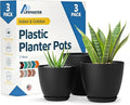 Black Plant Pots with Drainage Holes & Saucers 3 Pack, Indoor & Outdoor Stackable Space-Saving Planters for Houseplants & Flowers, (7", 6.7", and 6" Inches), Durable & Weatherproof Materials