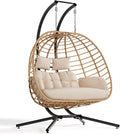 SWITTE Double Hanging Egg Chair with Stand, Outdoor Patio 2 Person Wicker Hammock Swing Chairs with Cushion Loveseat for Indoor Bedroom, Lawn, Garden-Beige