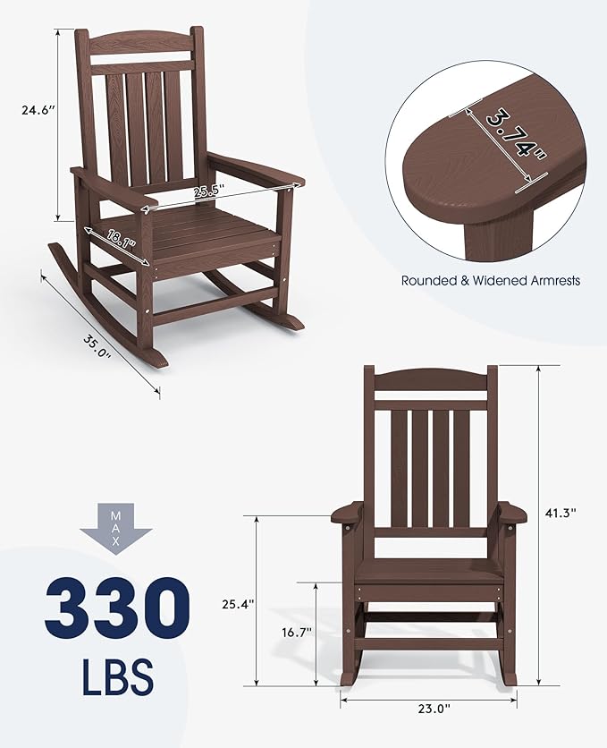 KINGYES Outdoor Rocking Chair Set 2, All Weather HDPE Patio Rocking Chairs for Adults, Coffee Brown