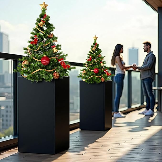 26" Tall Planters, Outdoor＆Indoor Black Planter Pots, Durable All-Weather Use with Drainage Holes, Large Planters Modern Décor for Porch, Patio, Backyard
