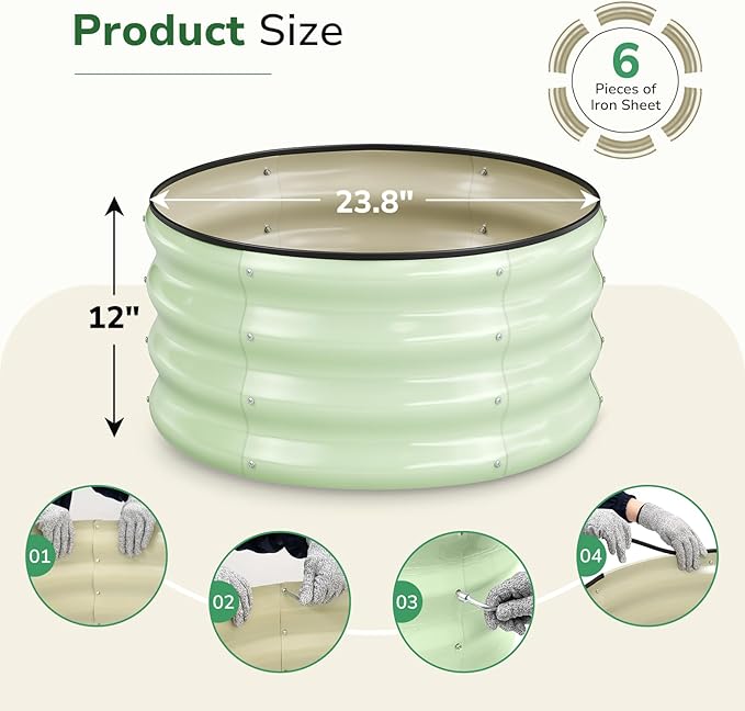 GreatBuddy 2x2x1 ft Round Galvanized Raised Garden Bed, Easy-Assembly Raised Bed with Anti-Cut Gloves & Tools, Rust-Proof Garden Bed for Outdoor, Vegetables, Herbs, Small Trees, Green