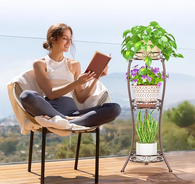 LASZOLA Bronze 3 Tier Tall Plant Stand for Indoor Outdoor, Large Multiple Level Flower Planter Holder Organizer Rack for Patio Office Bathroom Corner Floor, Sturdy Heavy Duty Metal, Vertical Display
