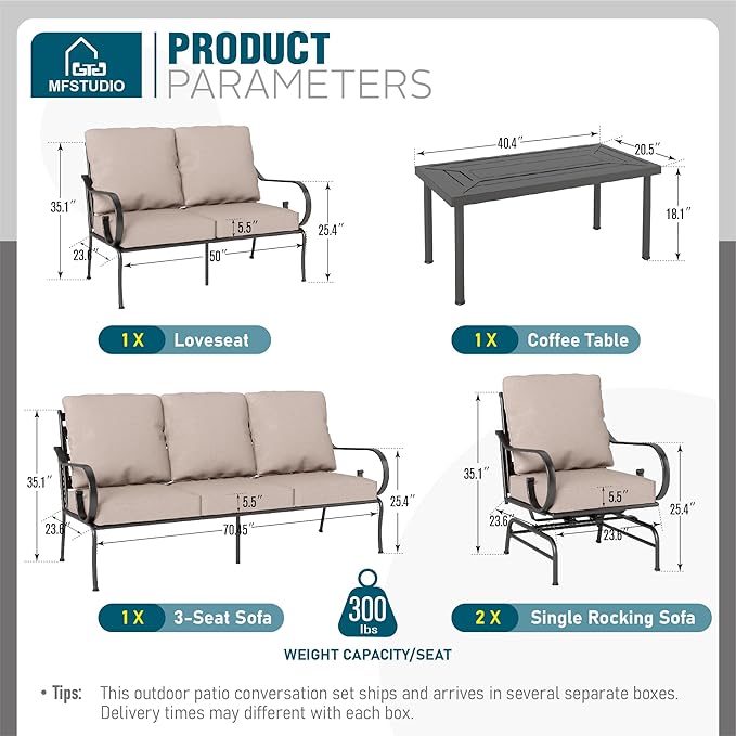 MFSTUDIO 7 Seats Large Metal Patio Conversation Sets, 5 Pieces Outdoor Furniture Sofa with 2 Motion Chairs, 1 Sofa(3-seat), 1 Loveseat and Table for Outside Balcony Backyard Poolside