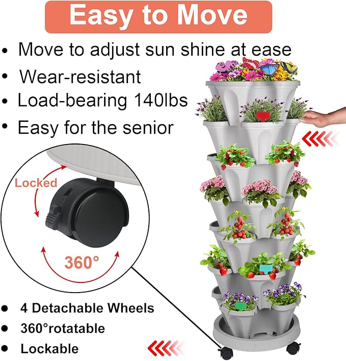 GameXcel Vertical Planter, 7 Tier Stackable Strawberry Planter with Garden Tool Set, Movable Indoor/Outdoor Garden Herb Pot for Growing Vegetables and Succulents, Gray