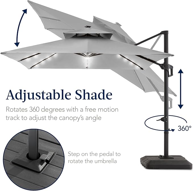 Best Choice Products 9x12ft LED Cantilever Patio Umbrella w/Base Included & 360° Rotation, Large Solar Offset Hanging Outdoor Sun Shade for Deck, Backyard Table w/Stand & Lights – Fog Gray