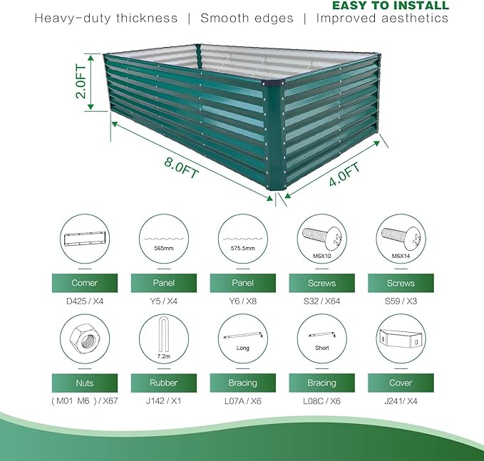 GARDMAX 8x4x2FT Galvanized Raised Garden Bed Kit, Metal Planter Boxes Outdoor with Easy Assembly, Large Garden Bed for Vegetables, Fruits, Flower, Herbs Rectangle Dark Green