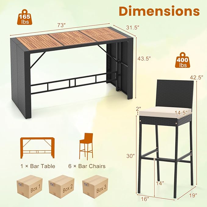 COSTWAY 7 PCS Patio Rattan Wicker Bar Set, 30'' Bar Height Chairs with Back, Footrest and Cushion, Outdoor Table with Wooden Top for Backyard Garden Deck