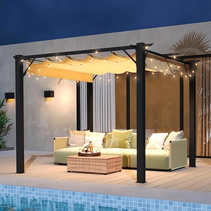 Aoxun 10'x10' Outdoor Pergola, Patio Aluminum Pergola with Upgraded Retractable Canopy, Heavy Duty Metal Pergolas and Gazebos with Adjustable Sun Shade Cover for Modern Backyard, Deck, Garden