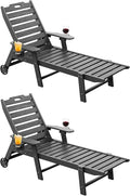 Carauci Lounge Chair Outdoor Set of 2, HDPE Chaise Lounge with Wheels, 5-Position Adjustable Backrest & 2 Cup Holders Patio Lounge Chair, All-Weather Pool Sun Lounger for Poolside, Backyard, Black