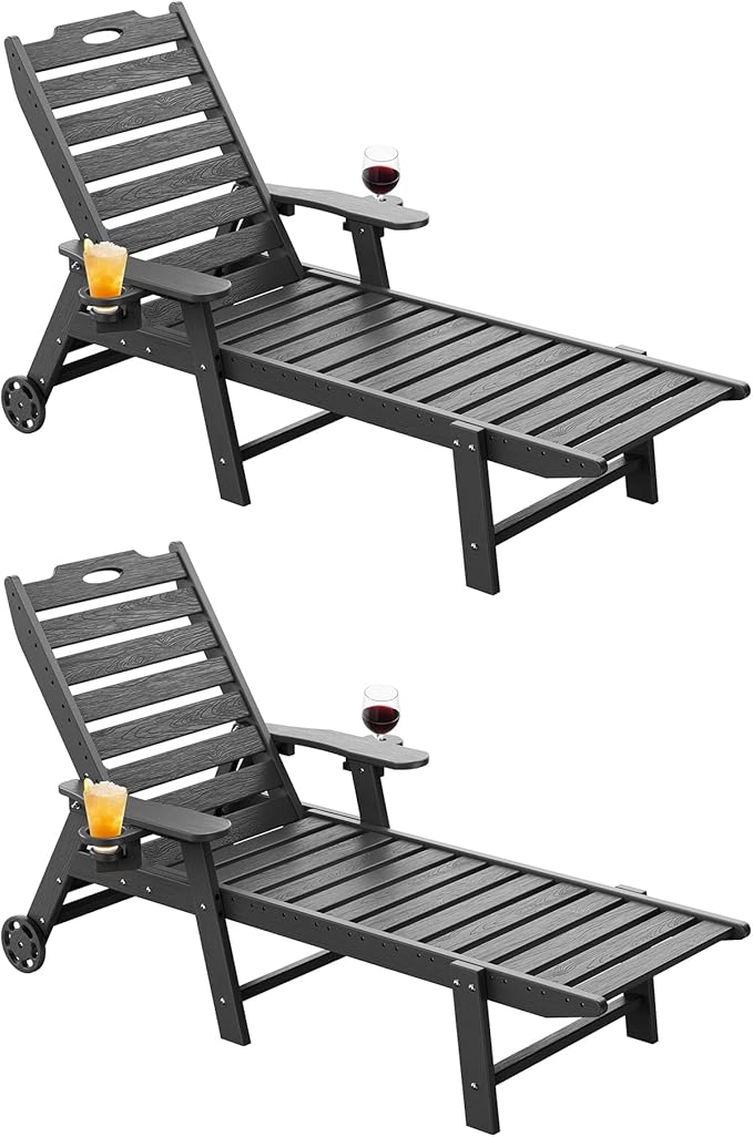 Carauci Lounge Chair Outdoor Set of 2, HDPE Chaise Lounge with Wheels, 5-Position Adjustable Backrest & 2 Cup Holders Patio Lounge Chair, All-Weather Pool Sun Lounger for Poolside, Backyard, Black