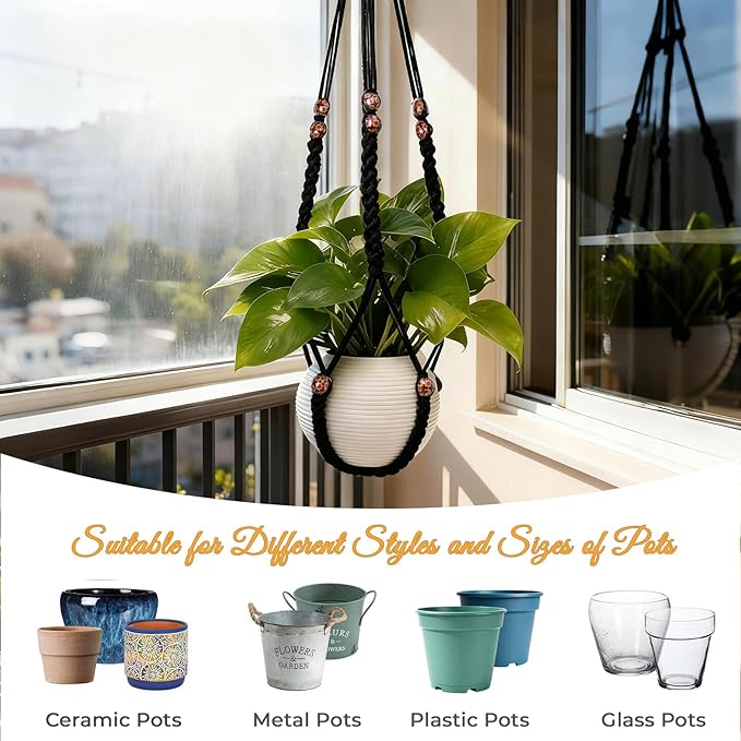 35 Inch Macrame Plant Hanger, Large for up to 15 Inch Pot Extra Long Hanging Planter Holder Basket with Wood Beads for Indoor Outdoor Home Decor (Black, 2-Pack)
