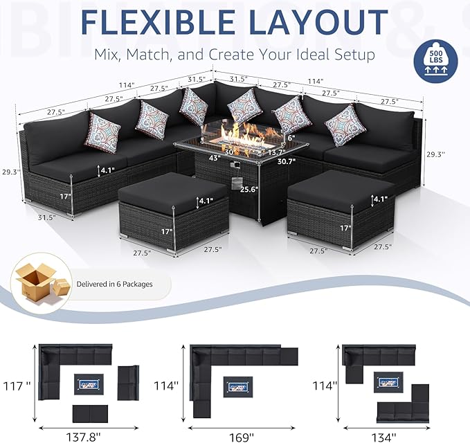 NICESOUL 10 Piece Contemporary Patio Furniture Set with Firepit Table Natural Gas/Propane, 29.3'' High Backrest Outdoor Sofa Conversations, 9 Seats Deep Wide Seating Wicker Sectionals, Dark Gray