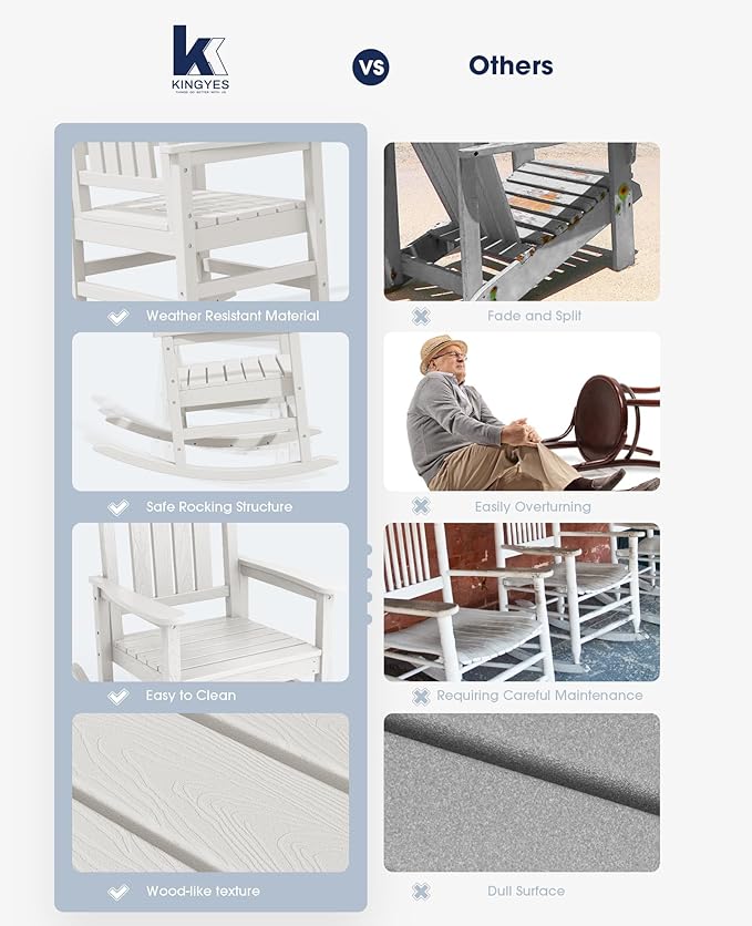 KINGYES HDPE Patio Rocking Chair Set of 4, Outdoor Rocking Chairs Porch Rocker for Adults, White
