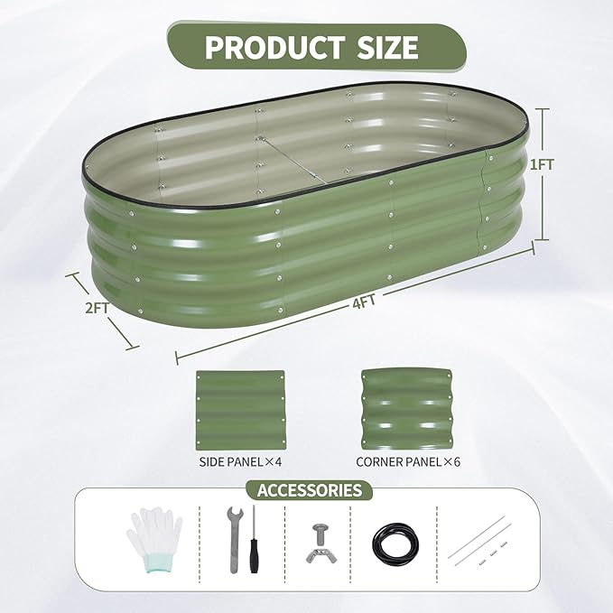 Galvanized Raised Garden Bed Outdoor- Raised Beds for Gardening| Metal Planter Box, Steel Raised Garden Bed Kit with Safety Edging and Gloves for Vegetables, Flower, Herbs (4x2x1FT, Green)