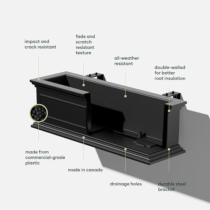 Veradek Brixton Series Plastic Railing Planter - Rectangular Planter for Outdoor Deck/Balcony | Crack-Resistant with Adjustable Rail Attachment | Classic Estate Design for Herbs, Succulents, Flowers