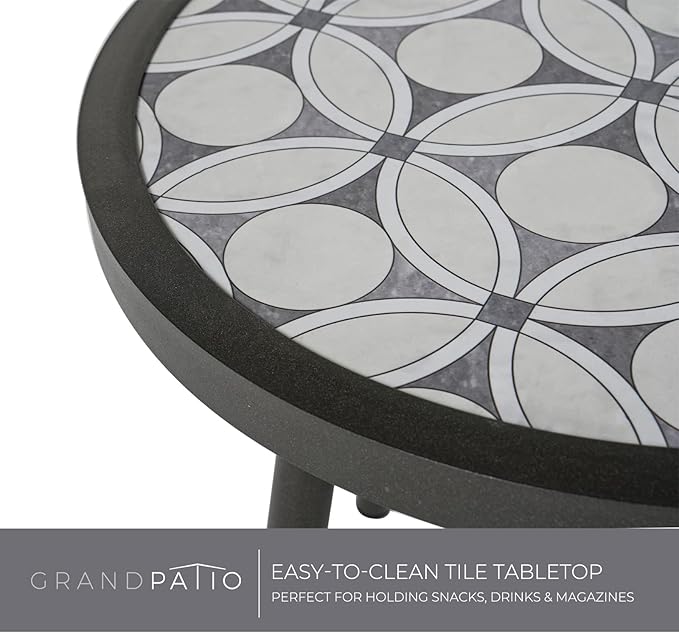 Grand patio Dining Chair Set of 3, Swivel Rope Armchairs with Cushions and Round Side Table with Tile Tabletop, Wicker, Indoor Outdoor Modern Style, Backyard, Balcony, Light Gray Brown
