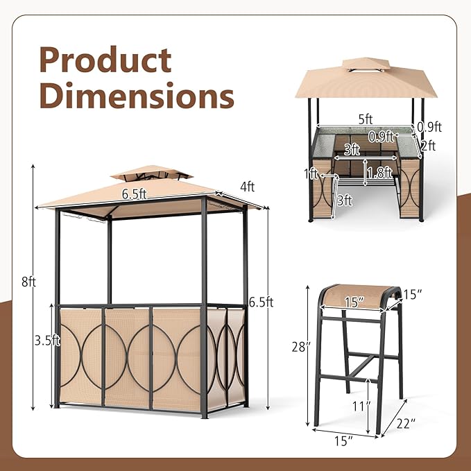 Tangkula 3-Piece Patio Bar Set, Grill Gazebo & 2 Bar Stools with Tempered Glass Bar Table, Metal Storage Shelves, Glass Holders, Double-Tier Soft Top Canopy BBQ Gazebo Shelter for Patio Garden (Brown)