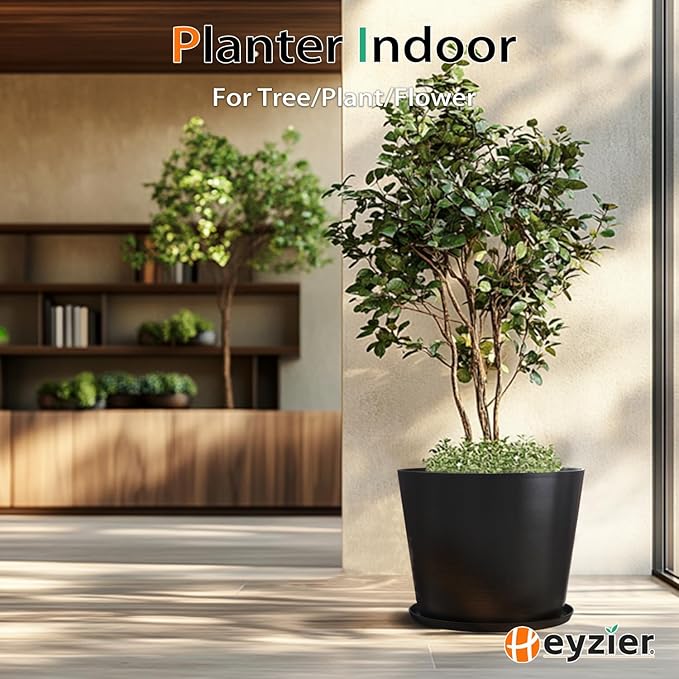 Wide Planters for Outdoor Plants, Extra Large Indoor Flower Pots for Garden, Front Porch, Patio - Round Resin Planter Set of 2 (Black, 16 inch - 2 Pack with Saucers)