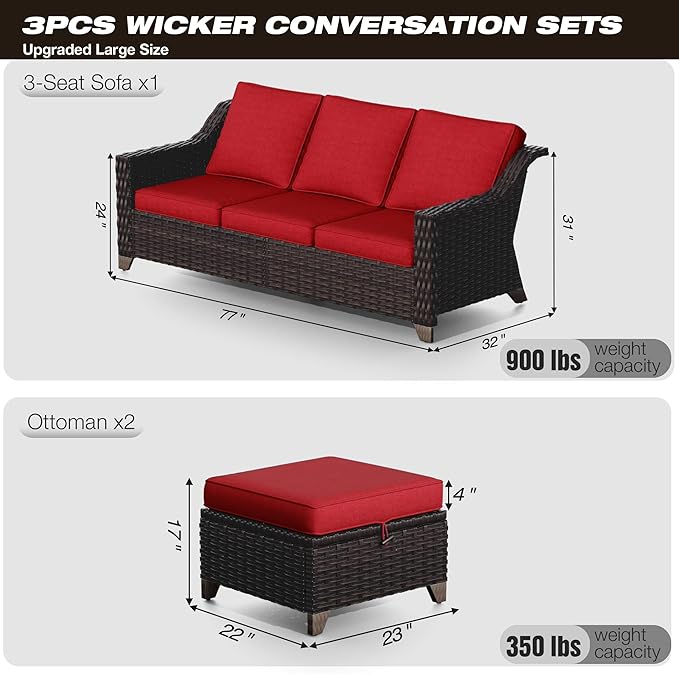 Joyside Patio Furniture Set, 3 Pieces Outdoor Wicker High Back Sofa with Ottoman and Comfy Cushions, Upgraded Large Size, All Weather High Back Conversation Set, (Brown/Red)