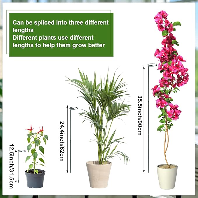 Mwellewm 3 Sets Plant Stakes 12/25/36 Inch Adjustable Plant Support Stakes Tall for Indoor Outdoor Plant Holder Stick Steel Garden Stem Pole Amaryllis Stakes with 15 Clip for Tomato Orchid Lily Flower