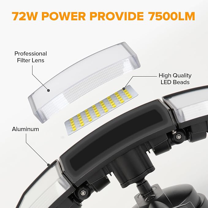 LUTEC 72W 7500LM LED Security Lights Motion Sensor Light Outdoor, 5000K Daylight, IP65 Waterproof, Dusk to Dawn, 3-Head Motion Detected Flood Light for Garage, Yard, Porch(Black)