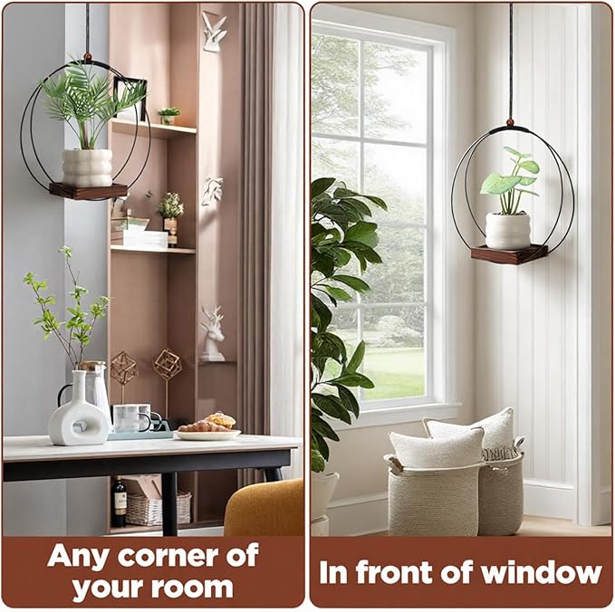 2 Pack Hanging Planters for Indoor Outdoor Plants, 12 Inch Sturdy Wood Base Metal Plant Hanger Modern Boho Minimalist Flower Pot Holder Basket Wall Ceiling Window Stands Home Wall Decor