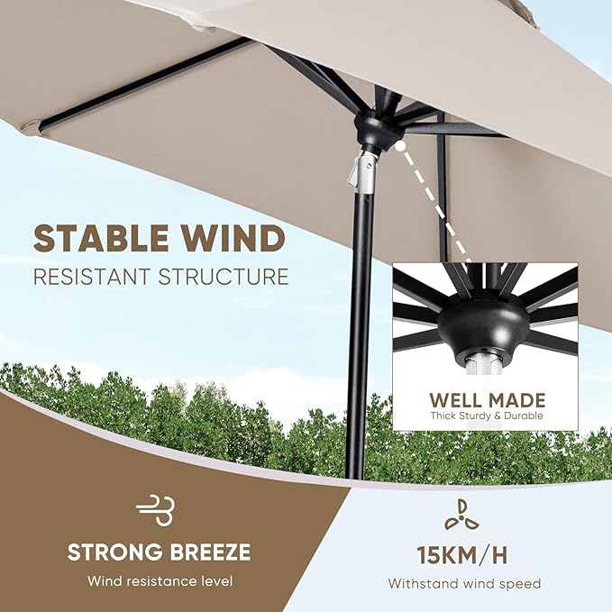 Tempera Patio Market Outdoor Table Umbrella with Auto Tilt and Crank, Large Sun Umbrella with Sturdy Pole & Fade Resistant Canopy, Easy to Set