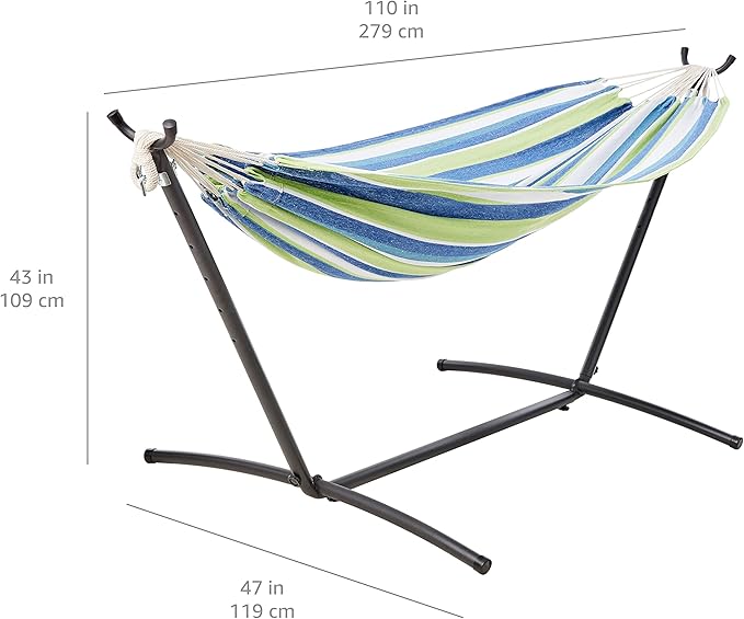Amazon Basics Double Hammock with 9-Foot Space Saving Steel Stand and Carrying Case, 2 Person, 450 lb Capacity, Cotton Polyester, Oasis Stripe, 110" x 47" x 43"