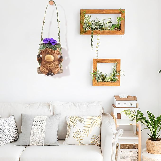 Swing Highland Cow Hanging Planters for Indoor Plants, Cute Small Planter Pot for Indoor Outdoor Plants, Succulent Pots with Drainage Hole, Unique Funny Hanging Plant Flower Pot, Gift Ideas