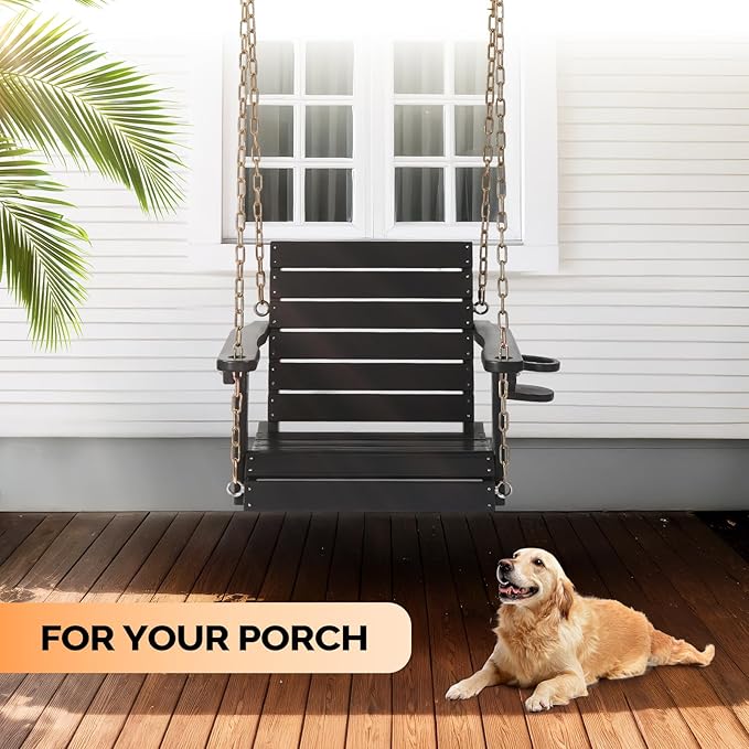 VINGLI Heavy Duty 880 LBS HDPE Porch Swing Outdoor with Rotatable Cup Holder, with Adjustable Chains, 1 Person Hanging Porch Swing Chair for Porch, Yard, Tree, Garden - Black