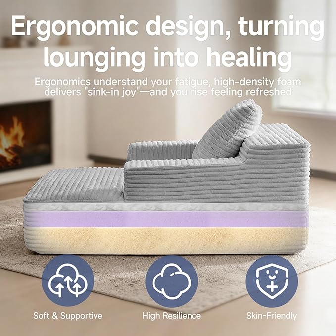 45'' Chaise Lounge Chair Indoor, Corduroy Upholstered Boneless Sofa Bed, Deep Seat Sleeper Couch Reading Chairs, Small Comfy Cloud Sofas Couches for Living Room, Bedroom, Movie Room (LightGray)