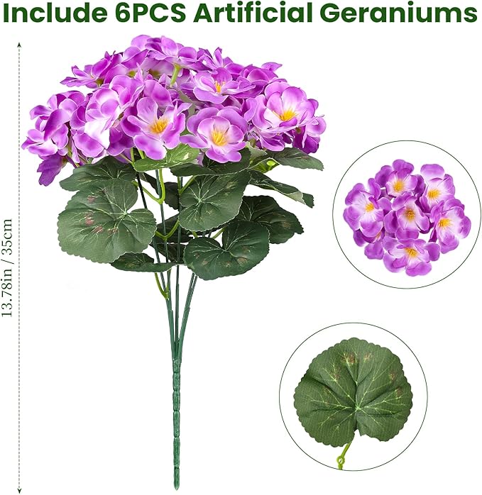 Artificial Geraniums Flowers for Outdoors, 6 Bundles Realistic Silk Fake Geranium, UV Resistant Faux Plants for Hanging Baskets, Window Boxes, Planters - Porch, Patio, Garden Decor(Purple)