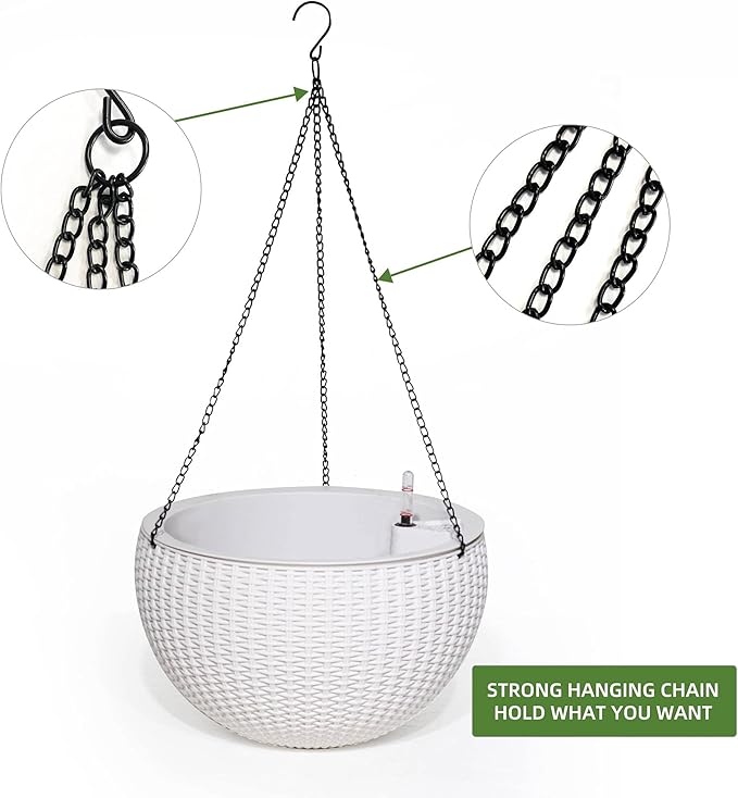 Dexceder 9 Inch Self Watering Hanging Planters Indoor Outdoor, Thickened Hanging Basket Flower Plant Pot with Water Level Indicator (White)