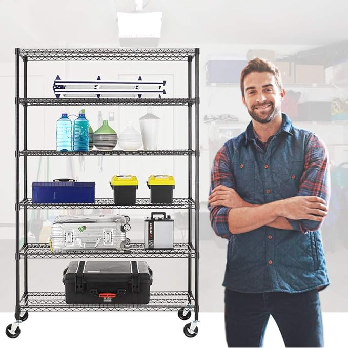 BestOffice | 6-Tier Wire Storage Shelves with Wheels | 18x48x78 | Black | Adjustable Racks | Heavy-Duty Metal Shelf, Holds Upto 600 lbs | No-Tool Assembly | Ideal for Home & Garage Shelving