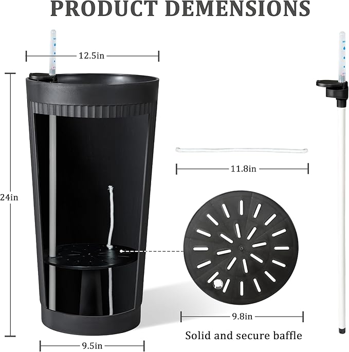 Self Watering Tall Black Planters Outdoor Set of 2, 24” Flower Pots Planters for Outdoor Plants, Modern Plastic Tall Planter for Front Porch, with Drainage Hole (Ribbed)