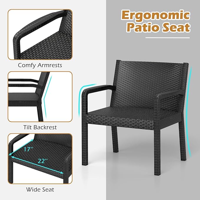COSTWAY 3 Piece Patio Furniture Set, Outdoor PP Rattan Wicker Furniture Set with 2 Modern Rattan Armchair and 25” Squire Side Table for Patio, Garden, Poolside, Bistro, Black